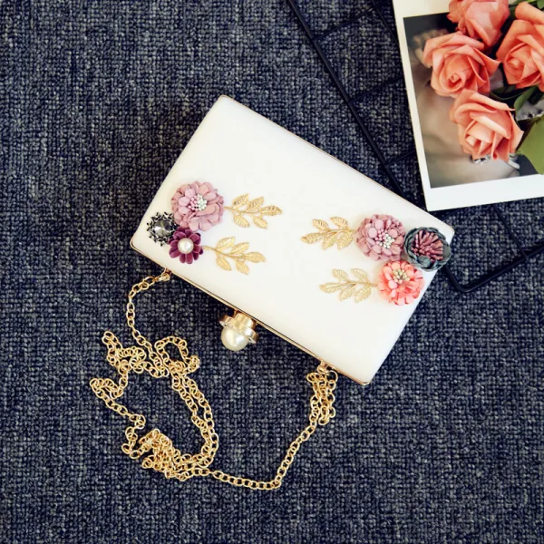 Chic / Beautiful White Flower Metal Clutch Bags 2018
