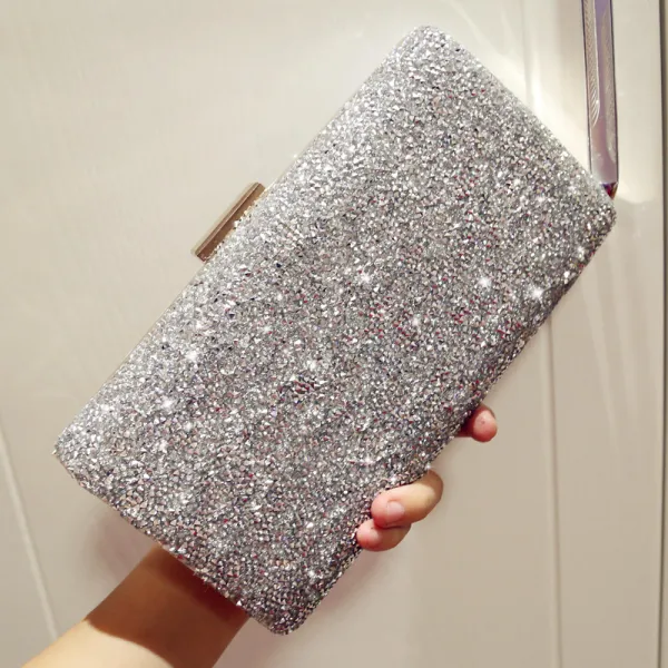 Sparkly Silver Glitter Rhinestone Metal Clutch Bags 2018