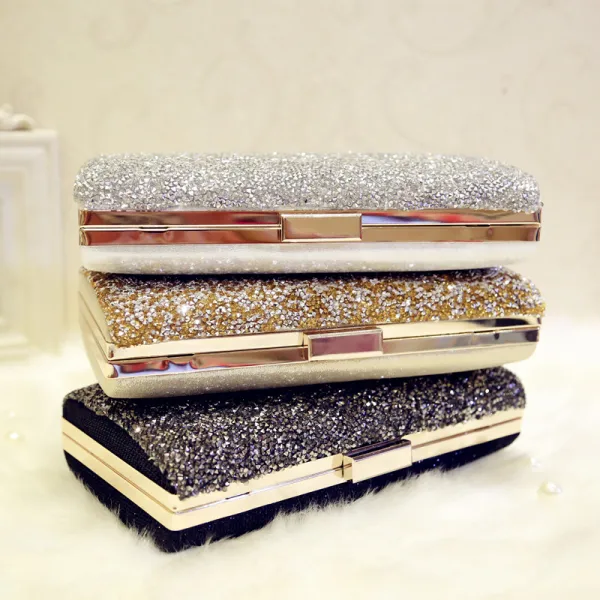 Sparkly Silver Glitter Rhinestone Metal Clutch Bags 2018