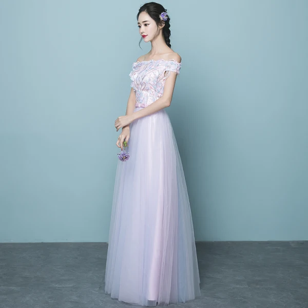 Chic / Beautiful Candy Pink Bridesmaid Dresses 2017 A-Line / Princess Off-The-Shoulder Short Sleeve Appliques Flower Sequins Bow Sash Floor-Length / Long Ruffle Wedding Party Dresses