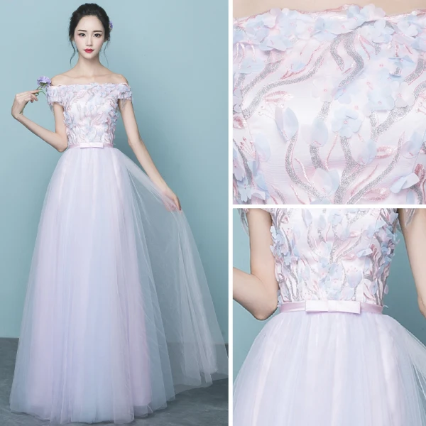 Chic / Beautiful Candy Pink Bridesmaid Dresses 2017 A-Line / Princess Off-The-Shoulder Short Sleeve Appliques Flower Sequins Bow Sash Floor-Length / Long Ruffle Wedding Party Dresses