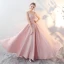 Chic / Beautiful Blushing Pink Evening Dresses  2017 A-Line / Princess Pierced Scoop Neck Sleeveless Appliques Lace Rhinestone Beading Floor-Length / Long Backless Formal Dresses