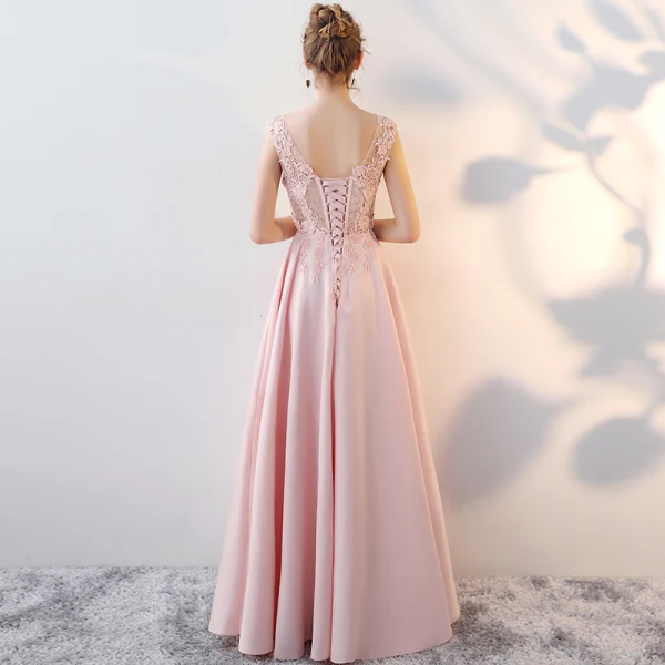 Chic / Beautiful Blushing Pink Evening Dresses 2017 A-Line / Princess Pierced Scoop Neck Sleeveless Appliques Lace Rhinestone Beading Floor-Length / Long Backless Formal Dresses