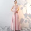 Chic / Beautiful Blushing Pink Evening Dresses  2017 A-Line / Princess Pierced Scoop Neck Sleeveless Appliques Lace Rhinestone Beading Floor-Length / Long Backless Formal Dresses