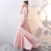 Chic / Beautiful Blushing Pink Evening Dresses  2017 A-Line / Princess Pierced Scoop Neck Sleeveless Appliques Lace Rhinestone Beading Floor-Length / Long Backless Formal Dresses