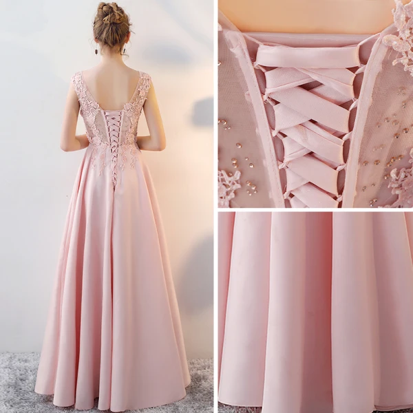 Chic / Beautiful Blushing Pink Evening Dresses 2017 A-Line / Princess Pierced Scoop Neck Sleeveless Appliques Lace Rhinestone Beading Floor-Length / Long Backless Formal Dresses
