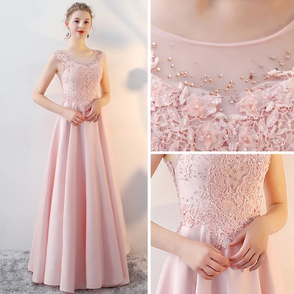 Chic / Beautiful Blushing Pink Evening Dresses 2017 A-Line / Princess Pierced Scoop Neck Sleeveless Appliques Lace Rhinestone Beading Floor-Length / Long Backless Formal Dresses