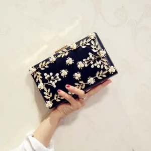 Modern Fashion Black Beading Pearl Metal Clutch Bags 2018
