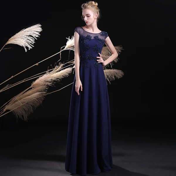 Chic / Beautiful Navy Blue Evening Dresses 2017 A-Line / Princess Pierced Scoop Neck Sleeveless Appliques Lace Pearl Beading Floor-Length / Long Backless Formal Dresses