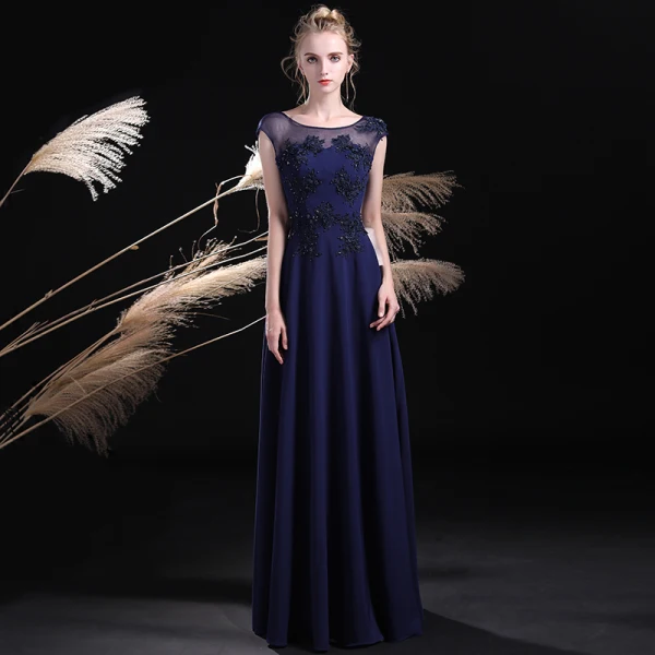 Chic / Beautiful Navy Blue Evening Dresses 2017 A-Line / Princess Pierced Scoop Neck Sleeveless Appliques Lace Pearl Beading Floor-Length / Long Backless Formal Dresses