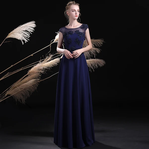 Chic / Beautiful Navy Blue Evening Dresses 2017 A-Line / Princess Pierced Scoop Neck Sleeveless Appliques Lace Pearl Beading Floor-Length / Long Backless Formal Dresses