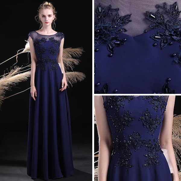 Chic / Beautiful Navy Blue Evening Dresses 2017 A-Line / Princess Pierced Scoop Neck Sleeveless Appliques Lace Pearl Beading Floor-Length / Long Backless Formal Dresses