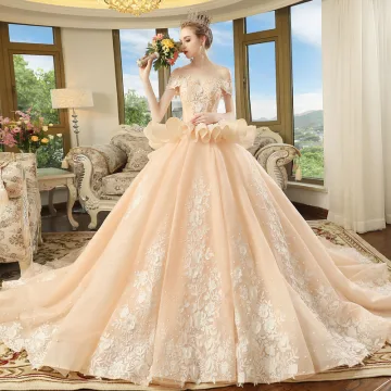Elegant Champagne Wedding Dresses 2018 Ball Gown Off The Shoulder Short Sleeve Backless Appliques Lace Flower Beading Cathedral Train Ruffle