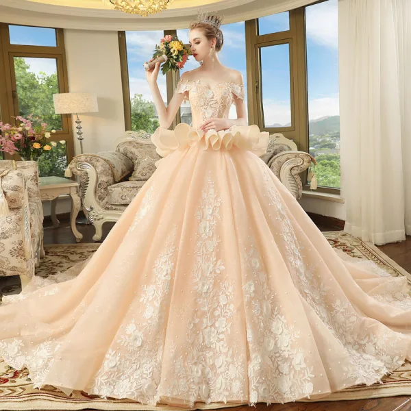 Elegant Champagne Wedding Dresses 2018 Ball Gown Off-The-Shoulder Short Sleeve Backless Appliques Lace Flower Beading Cathedral Train Ruffle