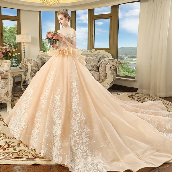 Elegant Champagne Wedding Dresses 2018 Ball Gown Off-The-Shoulder Short Sleeve Backless Appliques Lace Flower Beading Cathedral Train Ruffle