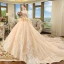 Elegant Champagne Wedding Dresses 2018 Ball Gown Off-The-Shoulder Short Sleeve Backless Appliques Lace Flower Beading Cathedral Train Ruffle