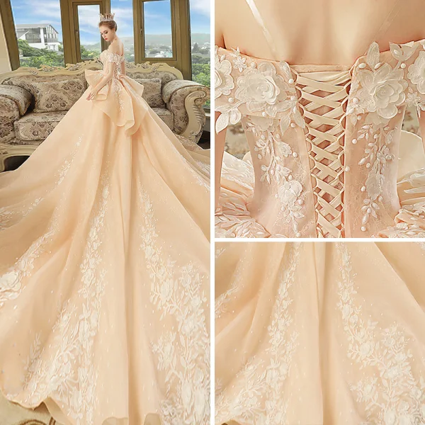 Elegant Champagne Wedding Dresses 2018 Ball Gown Off-The-Shoulder Short Sleeve Backless Appliques Lace Flower Beading Cathedral Train Ruffle