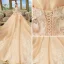 Elegant Champagne Wedding Dresses 2018 Ball Gown Off-The-Shoulder Short Sleeve Backless Appliques Lace Flower Beading Cathedral Train Ruffle