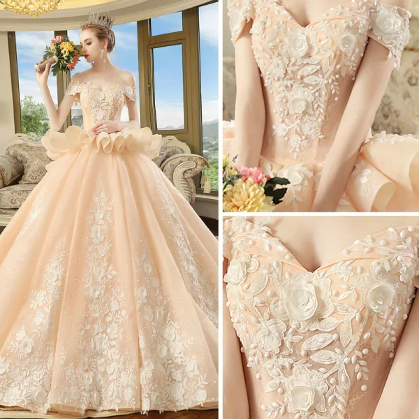 Elegant Champagne Wedding Dresses 2018 Ball Gown Off-The-Shoulder Short Sleeve Backless Appliques Lace Flower Beading Cathedral Train Ruffle