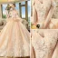 Elegant Champagne Wedding Dresses 2018 Ball Gown Off-The-Shoulder Short Sleeve Backless Appliques Lace Flower Beading Cathedral Train Ruffle