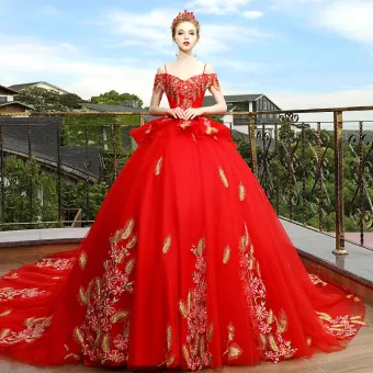 Luxury Gorgeous Red Wedding Dresses 2018 Ball Gown Off The Shoulder Spaghetti Straps Short Sleeve Backless Gold Appliques Lace Cathedral Train Ruffle
