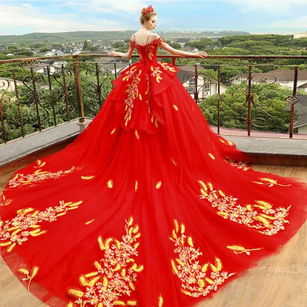 Luxury / Gorgeous Red Wedding Dresses 2018 Ball Gown Off-The-Shoulder Spaghetti Straps Short Sleeve Backless Gold Appliques Lace Cathedral Train Ruffle