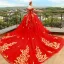 Luxury / Gorgeous Red Wedding Dresses 2018 Ball Gown Off-The-Shoulder Spaghetti Straps Short Sleeve Backless Gold Appliques Lace Cathedral Train Ruffle