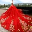 Luxury / Gorgeous Red Wedding Dresses 2018 Ball Gown Off-The-Shoulder Spaghetti Straps Short Sleeve Backless Gold Appliques Lace Cathedral Train Ruffle
