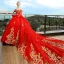 Luxury / Gorgeous Red Wedding Dresses 2018 Ball Gown Off-The-Shoulder Spaghetti Straps Short Sleeve Backless Gold Appliques Lace Cathedral Train Ruffle