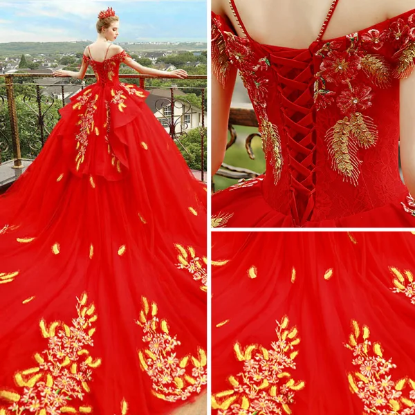 Luxury / Gorgeous Red Wedding Dresses 2018 Ball Gown Off-The-Shoulder Spaghetti Straps Short Sleeve Backless Gold Appliques Lace Cathedral Train Ruffle