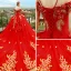 Luxury / Gorgeous Red Wedding Dresses 2018 Ball Gown Off-The-Shoulder Spaghetti Straps Short Sleeve Backless Gold Appliques Lace Cathedral Train Ruffle