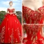 Luxury / Gorgeous Red Wedding Dresses 2018 Ball Gown Off-The-Shoulder Spaghetti Straps Short Sleeve Backless Gold Appliques Lace Cathedral Train Ruffle