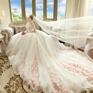 Chic Beautiful Ivory Wedding Dresses 2018 Ball Gown Off The Shoulder Short Sleeve Backless Blushing Pink Appliques Lace Cathedral Train Ruffle