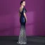 Scintillantes Bleu Marine Dégradé De Couleur Paillettes Transparentes Robe De Soirée 2018 Trompette / Sirène Encolure Dégagée Manches Courtes Métal Ceinture Faux Diamant Train De Balayage Volants Robe De Ceremonie