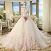 Chic / Beautiful Ivory Wedding Dresses 2018 Ball Gown Off-The-Shoulder Short Sleeve Backless Blushing Pink Appliques Lace Cathedral Train Ruffle