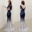 Scintillantes Bleu Marine Dégradé De Couleur Paillettes Transparentes Robe De Soirée 2018 Trompette / Sirène Encolure Dégagée Manches Courtes Métal Ceinture Faux Diamant Train De Balayage Volants Robe De Ceremonie