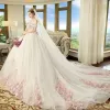 Chic / Beautiful Ivory Wedding Dresses 2018 Ball Gown Off-The-Shoulder Short Sleeve Backless Blushing Pink Appliques Lace Cathedral Train Ruffle