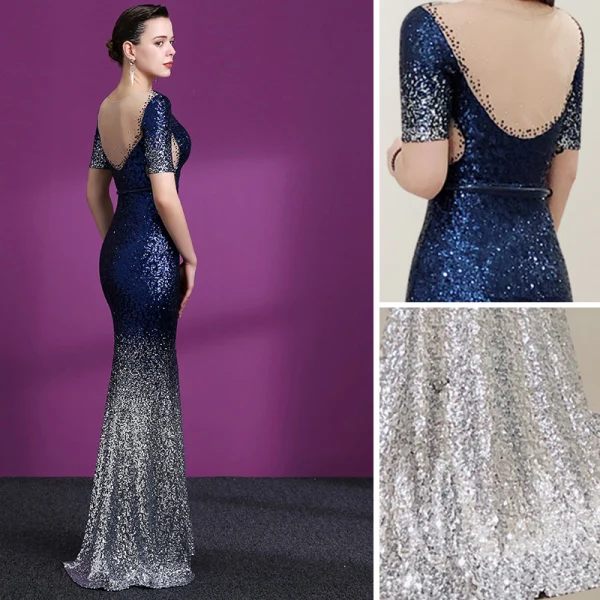 Scintillantes Bleu Marine Dégradé De Couleur Paillettes Transparentes Robe De Soirée 2018 Trompette / Sirène Encolure Dégagée Manches Courtes Métal Ceinture Faux Diamant Train De Balayage Volants Robe De Ceremonie