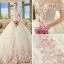 Schöne Ivory / Creme Brautkleider / Hochzeitskleider 2018 Ballkleid Off Shoulder Kurze Ärmel Rückenfreies Rosa Applikationen Spitze Kathedrale Schleppe Rüschen
