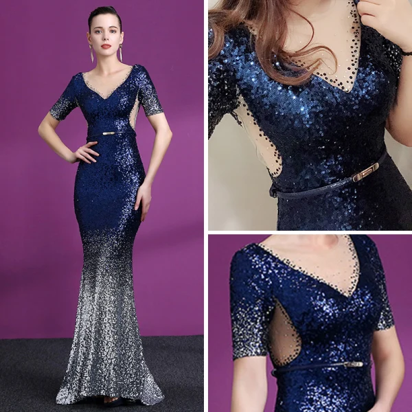 Scintillantes Bleu Marine Dégradé De Couleur Paillettes Transparentes Robe De Soirée 2018 Trompette / Sirène Encolure Dégagée Manches Courtes Métal Ceinture Faux Diamant Train De Balayage Volants Robe De Ceremonie