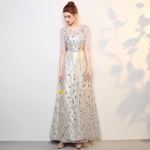 Chic Belle Argenté Robe De Bal 2017 Princesse Percé Encolure Dégagée 1 2 Manches Paillettes Brodé Longue Robe De Ceremonie