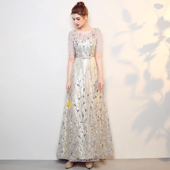 Piękne Srebrny Sukienki Na Bal 2017 Princessa Przebili Wycięciem 1 2 Rękawy Cekiny Haftowane Długie Sukienki Wizytowe