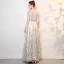 Chic / Beautiful Silver Prom Dresses 2017 A-Line / Princess Pierced Scoop Neck 1/2 Sleeves Sequins Embroidered Floor-Length / Long Formal Dresses