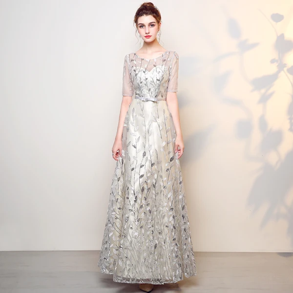 Chic / Beautiful Silver Prom Dresses 2017 A-Line / Princess Pierced Scoop Neck 1/2 Sleeves Sequins Embroidered Floor-Length / Long Formal Dresses