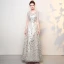Chic / Beautiful Silver Prom Dresses 2017 A-Line / Princess Pierced Scoop Neck 1/2 Sleeves Sequins Embroidered Floor-Length / Long Formal Dresses