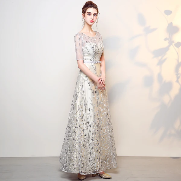 Chic / Beautiful Silver Prom Dresses 2017 A-Line / Princess Pierced Scoop Neck 1/2 Sleeves Sequins Embroidered Floor-Length / Long Formal Dresses