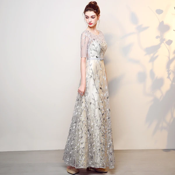 Chic / Beautiful Silver Prom Dresses 2017 A-Line / Princess Pierced Scoop Neck 1/2 Sleeves Sequins Embroidered Floor-Length / Long Formal Dresses