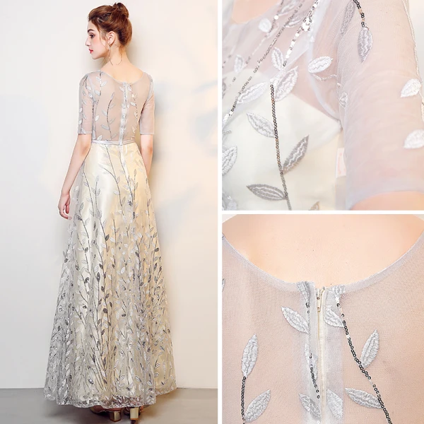 Chic / Beautiful Silver Prom Dresses 2017 A-Line / Princess Pierced Scoop Neck 1/2 Sleeves Sequins Embroidered Floor-Length / Long Formal Dresses