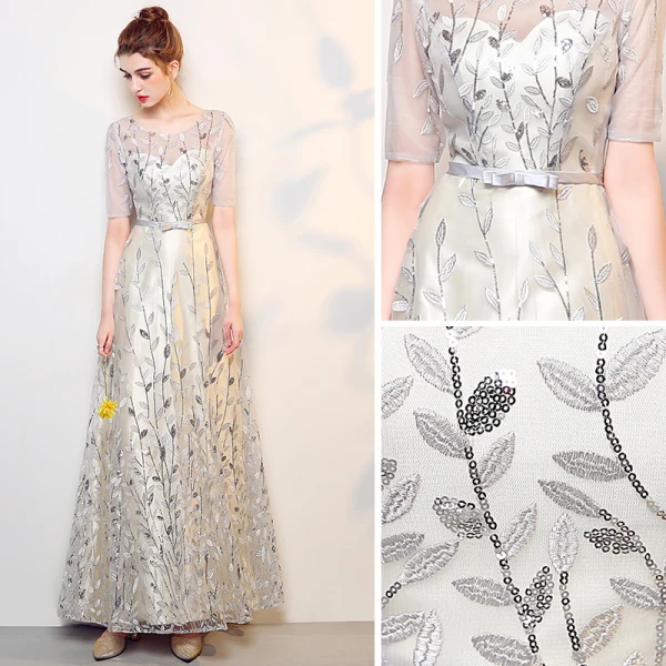 Chic / Beautiful Silver Prom Dresses 2017 A-Line / Princess Pierced Scoop Neck 1/2 Sleeves Sequins Embroidered Floor-Length / Long Formal Dresses