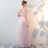 Chic / Beautiful Blushing Pink Bridesmaid Dresses 2017 A-Line / Princess V-Neck Sleeveless Appliques Flower Beading Floor-Length / Long Backless Wedding Party Dresses